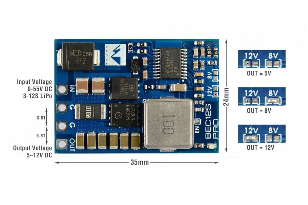 Matek Systems - BEC12S-PRO, 9-55V TO 5V/8V/12V-5A